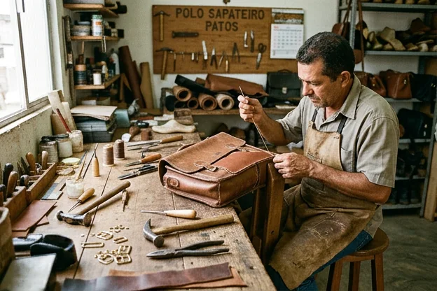Bolsas de couro em reforma, mostrando a dedicação do profissional durante o processo.