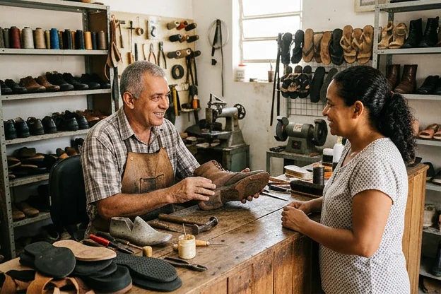 Atendimento ao cliente com sapateiro e produtos de qualidade.