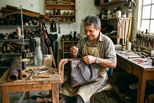 Sapateiro reformando uma bolsa de couro, com foco nas técnicas de trabalho.