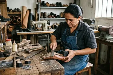 Sapateiro realizando a troca do salto de um sapato, utilizando ferramentas apropriadas.