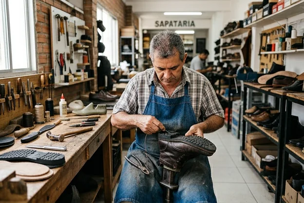 Sapateiro trocando o solado de um calçado, mostrando ferramentas de sapateiro.