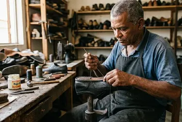 Sapateiro reformando sapatos sociais, mostrando ferramentas de trabalho.