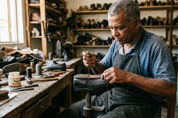 Sapateiro reformando sapatos sociais, mostrando ferramentas de trabalho.