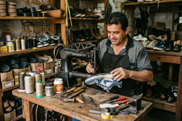 Sapateiro reparando um tênis, focando em detalhes do processo.