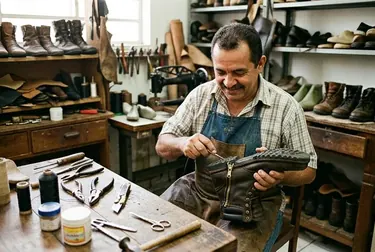 Sapateiro consertando o zíper de uma bota, focando em detalhes do processo.