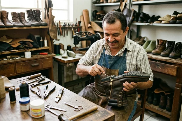 Sapateiro consertando o zíper de uma bota, focando em detalhes do processo.